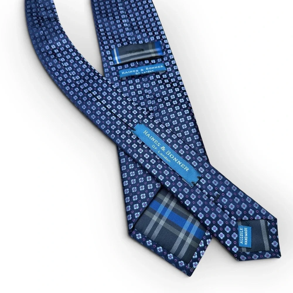 Haines & Bonner of London Silk Tie Blue Purple Geometric Floral Handmade 58x3.25